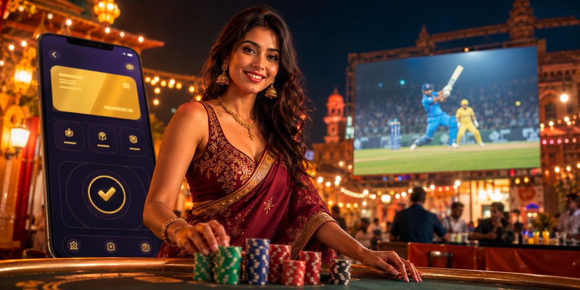 Vibrant Indian night market with people enjoying games and cricket betting
